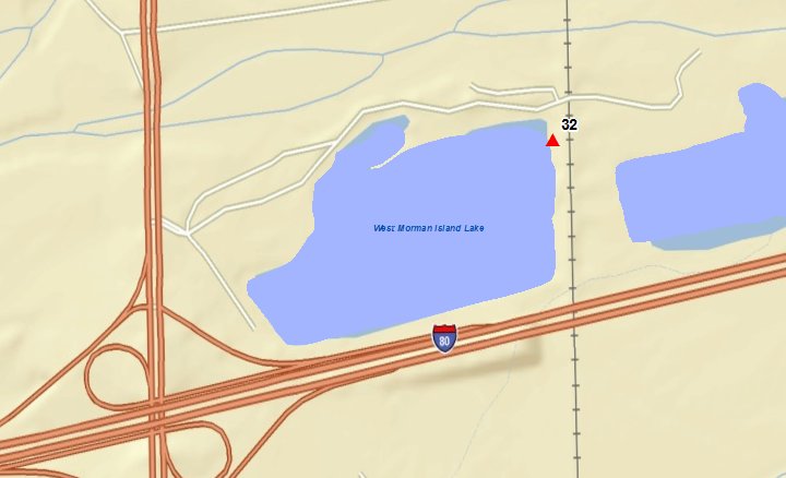 Lake is located at NE corner of I-80 west G. I. exit.   Sample collected from swimming beach area located at northeast corner of the lake. 
